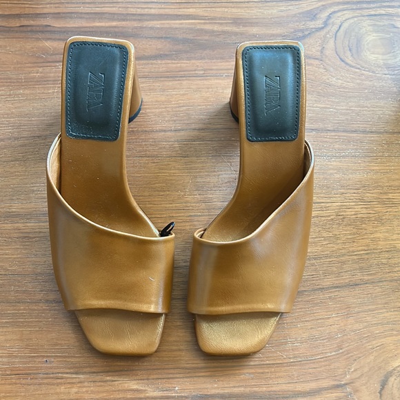 Zara cognac asymmetrical leather block heeled sandals 37 - Picture 7 of 7